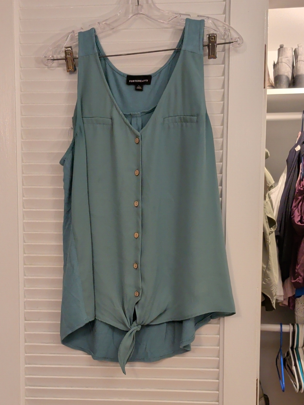 Fortune & Ivy Teal Button-Front Tie-Hem Tank
